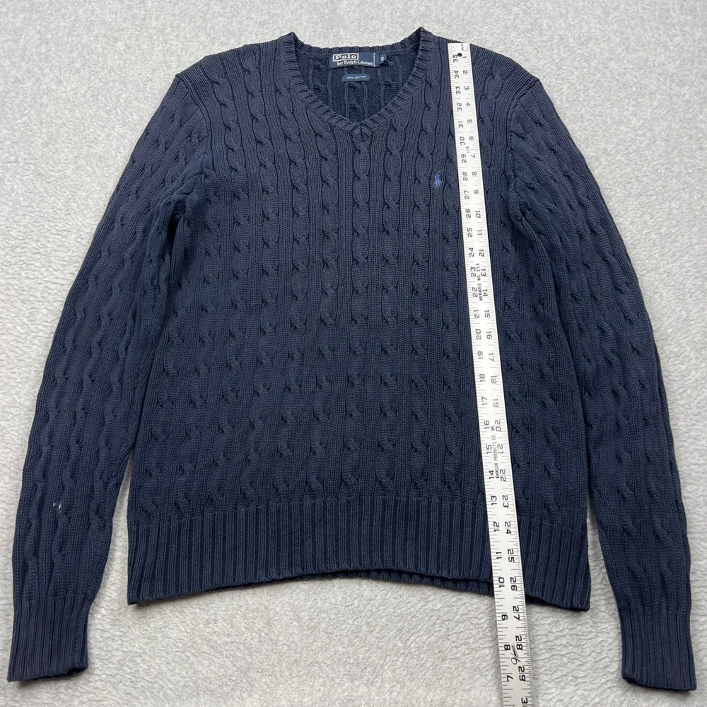 VTG Polo Ralph Lauren Cable Knit Sweater Mens Small Blue V-Neck Cotton Pullover